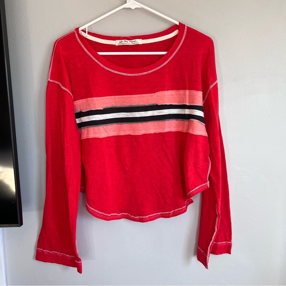 Free‎ People We the Free Striped Long Sleeve Shirt Red XS oversized cropped